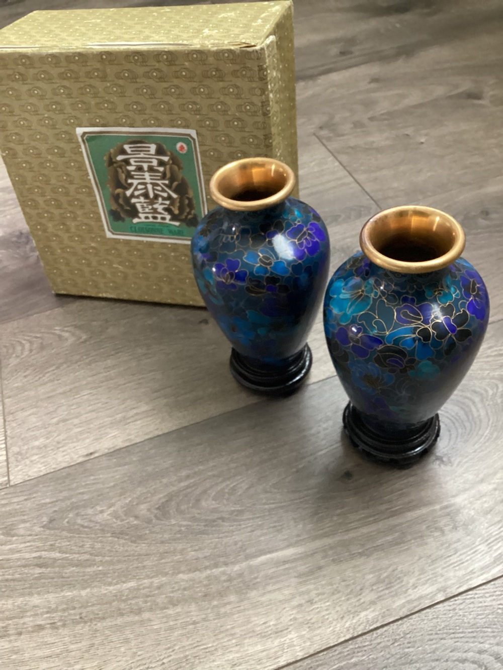 Blue Cloisonné Floral Vases by (Brand Unknown) - Pair
